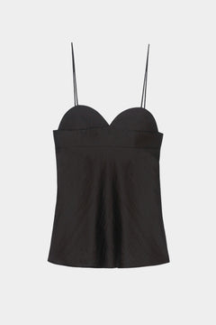 Black heart-shaped camisole top with thin straps, structured bust, and lightly textured fabric
