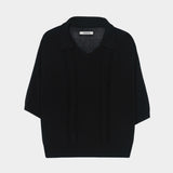 Black short sleeve knit polo with collar, V neckline, and lace panel detailing