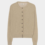 Beige flecked knit cardigan with button front, ribbed trim, and speckled texture