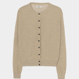 Beige flecked knit cardigan with button front, ribbed trim, and speckled texture