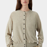 Beige flecked knit cardigan with button front closure and subtle texture