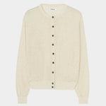 Cream flecked knit cardigan with button front, ribbed trim, and speckled texture