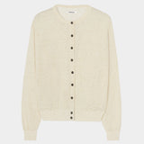 Cream flecked knit cardigan with button front, ribbed trim, and speckled texture