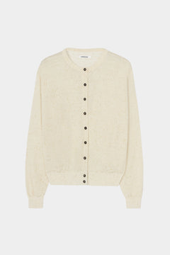 Cream flecked knit cardigan with button front, ribbed trim, and speckled texture