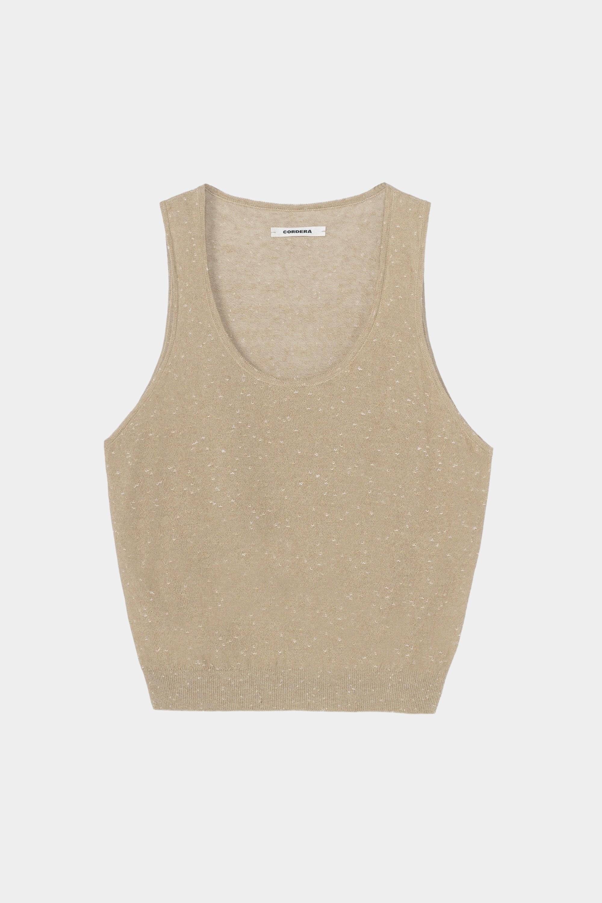 Beige flecked knit tank top with scoop neckline and ribbed hem