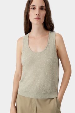 Beige flecked knit tank top with scoop neckline and soft texture
