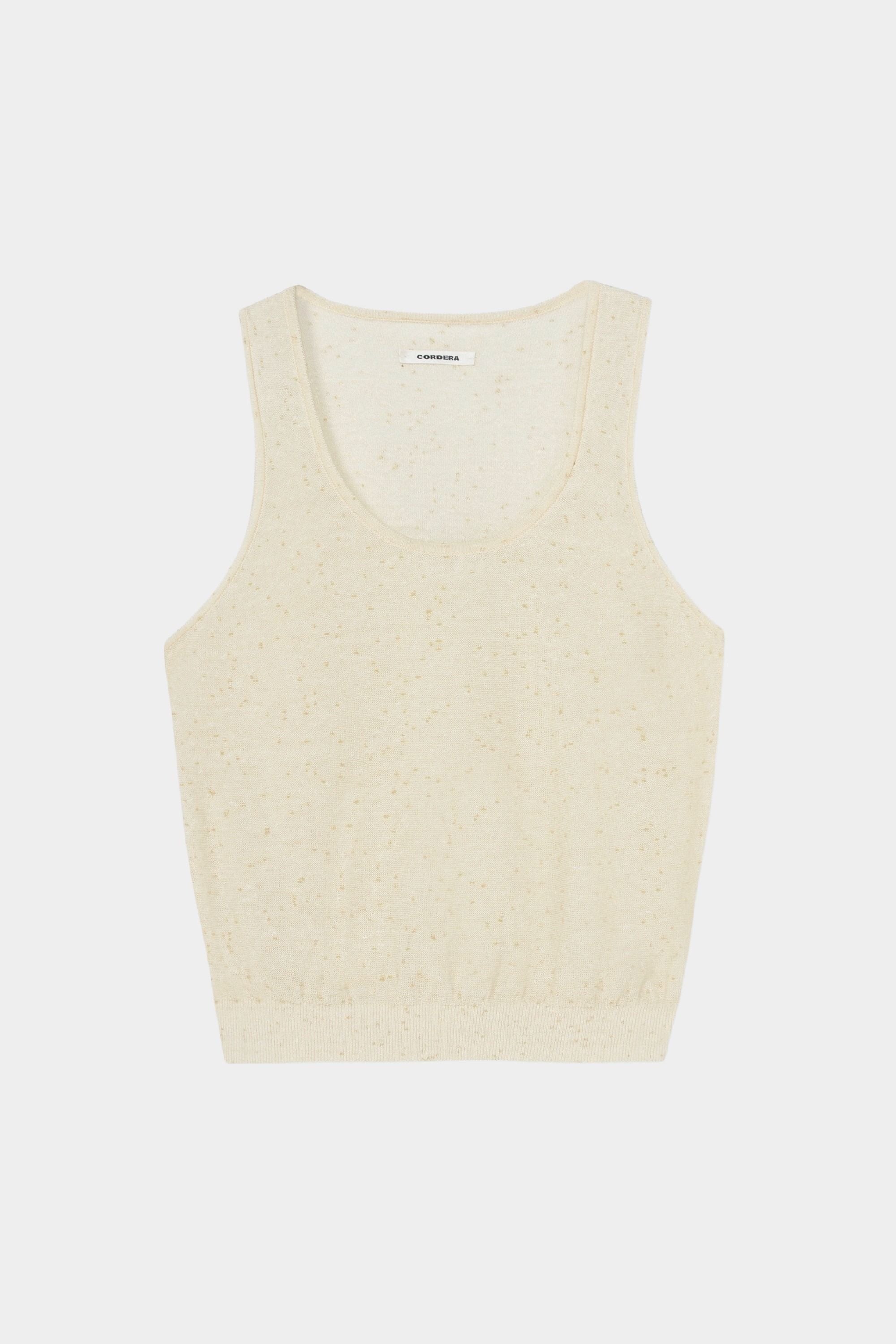 Cream flecked knit tank top with scoop neckline and ribbed hem
