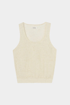 Cream flecked knit tank top with scoop neckline and ribbed hem