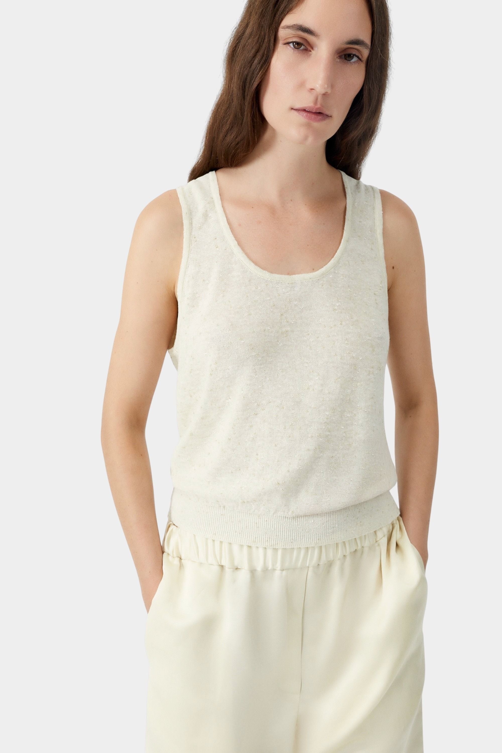 Cream flecked knit tank top with scoop neckline and subtle texture