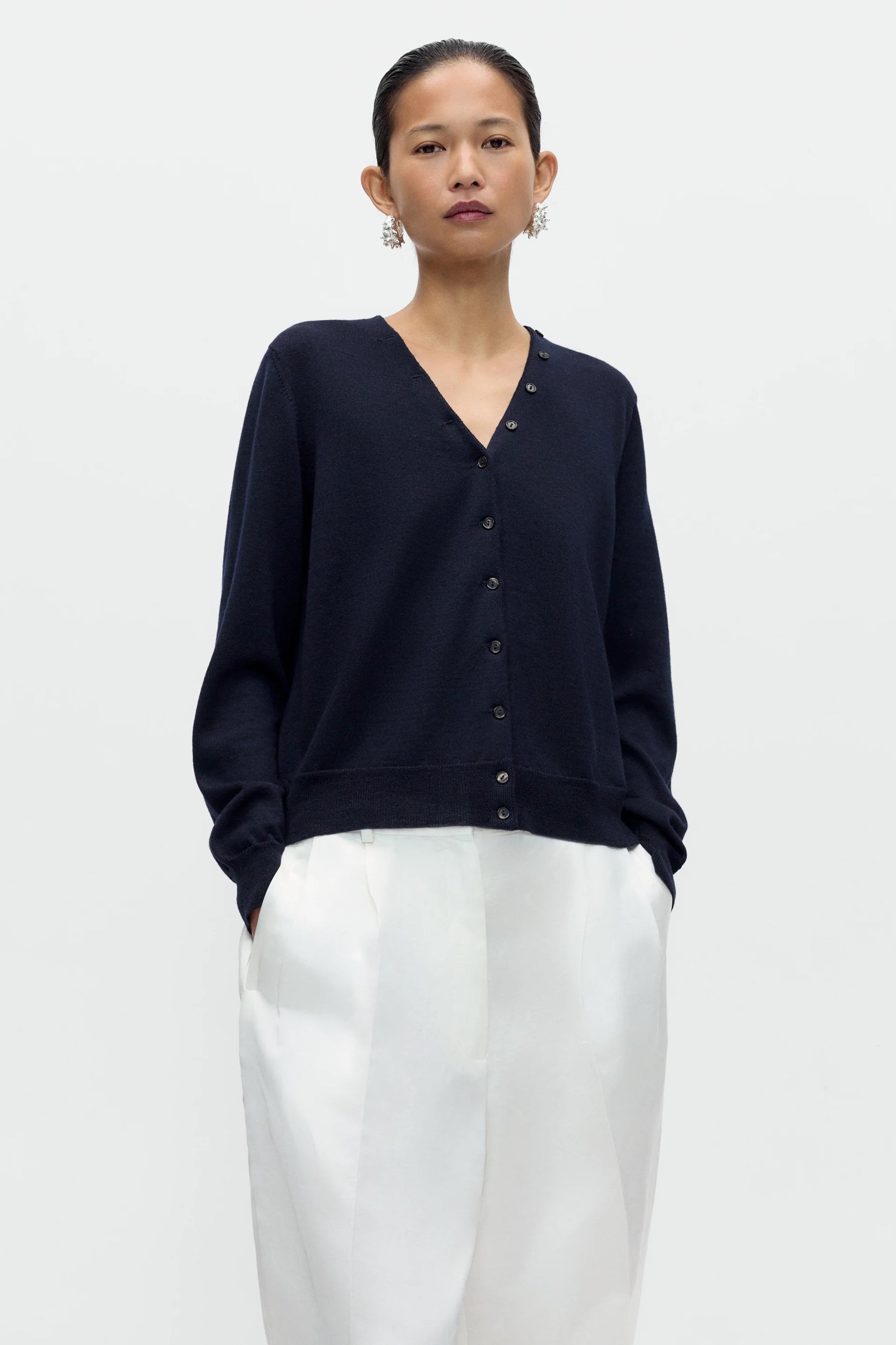 Cordera Merino Wool Button Cardigan navy front view at YUCCA Denver