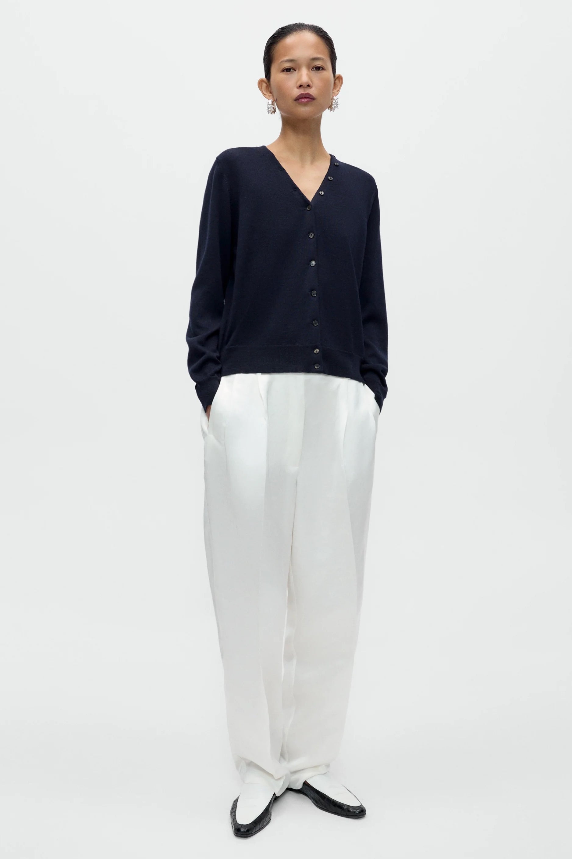 Cordera Merino Wool Button Cardigan full-length outfit view