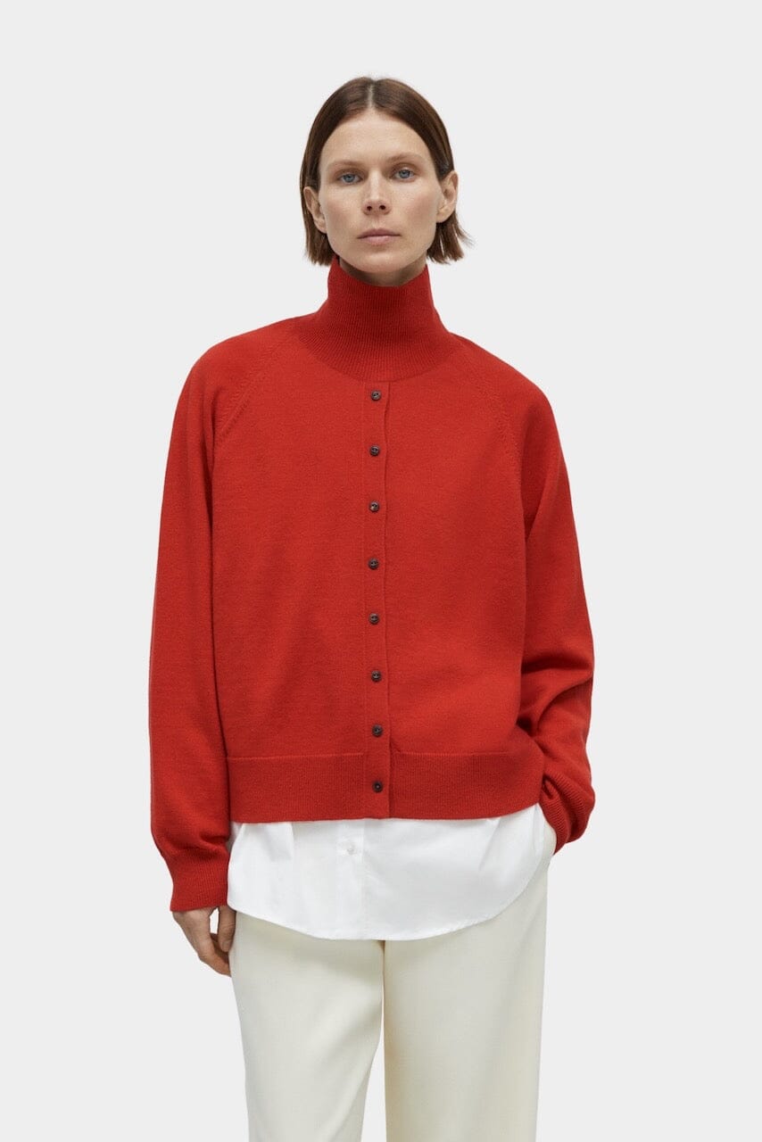 Cordera - Merino Wool Buttoned Sweater - Red - Knitwear - YUCCA, boutiques near me, women’s high quality sweaters.