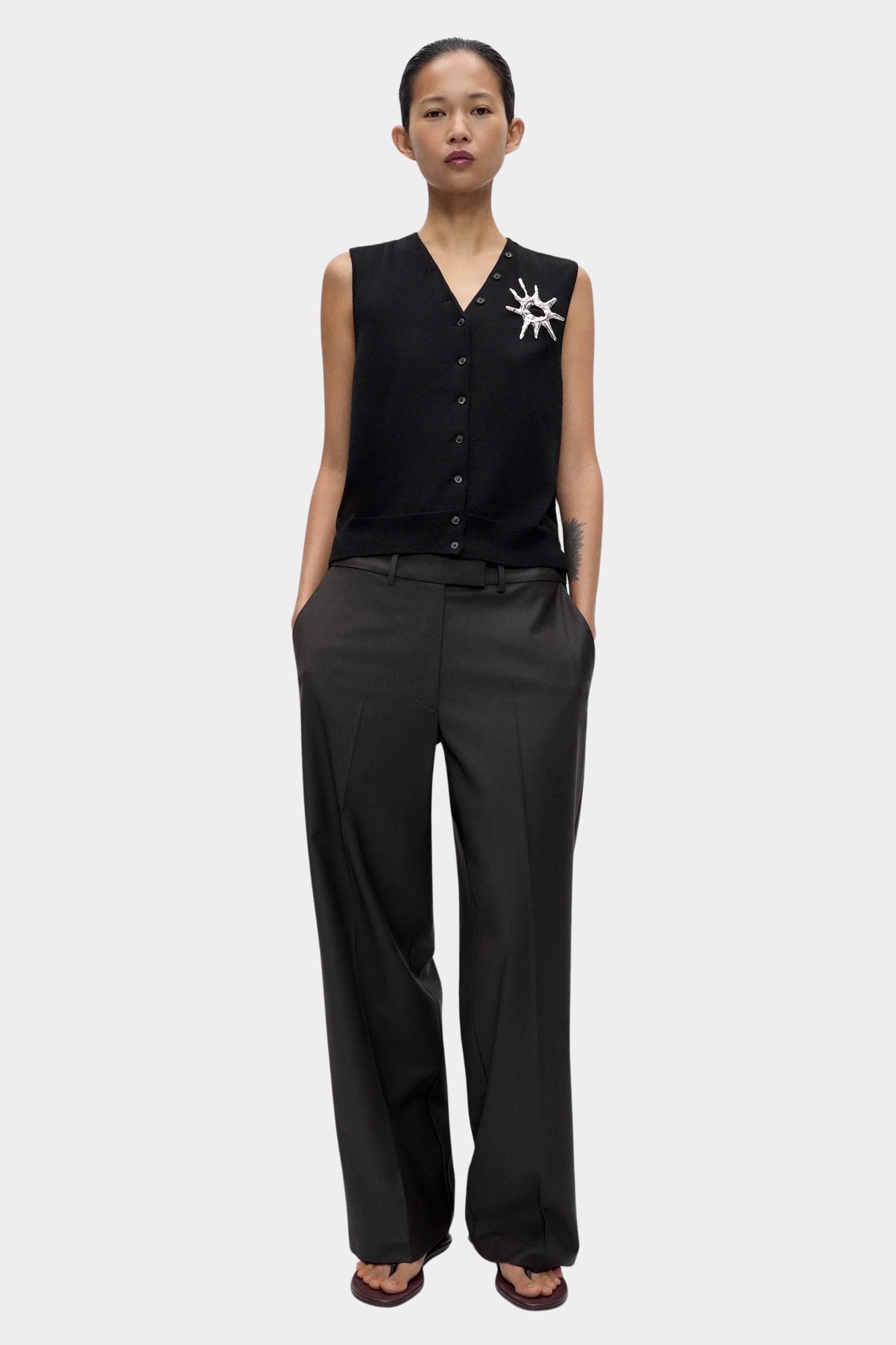 Cordera Merino Wool Button Waistcoat Black full-length outfit view