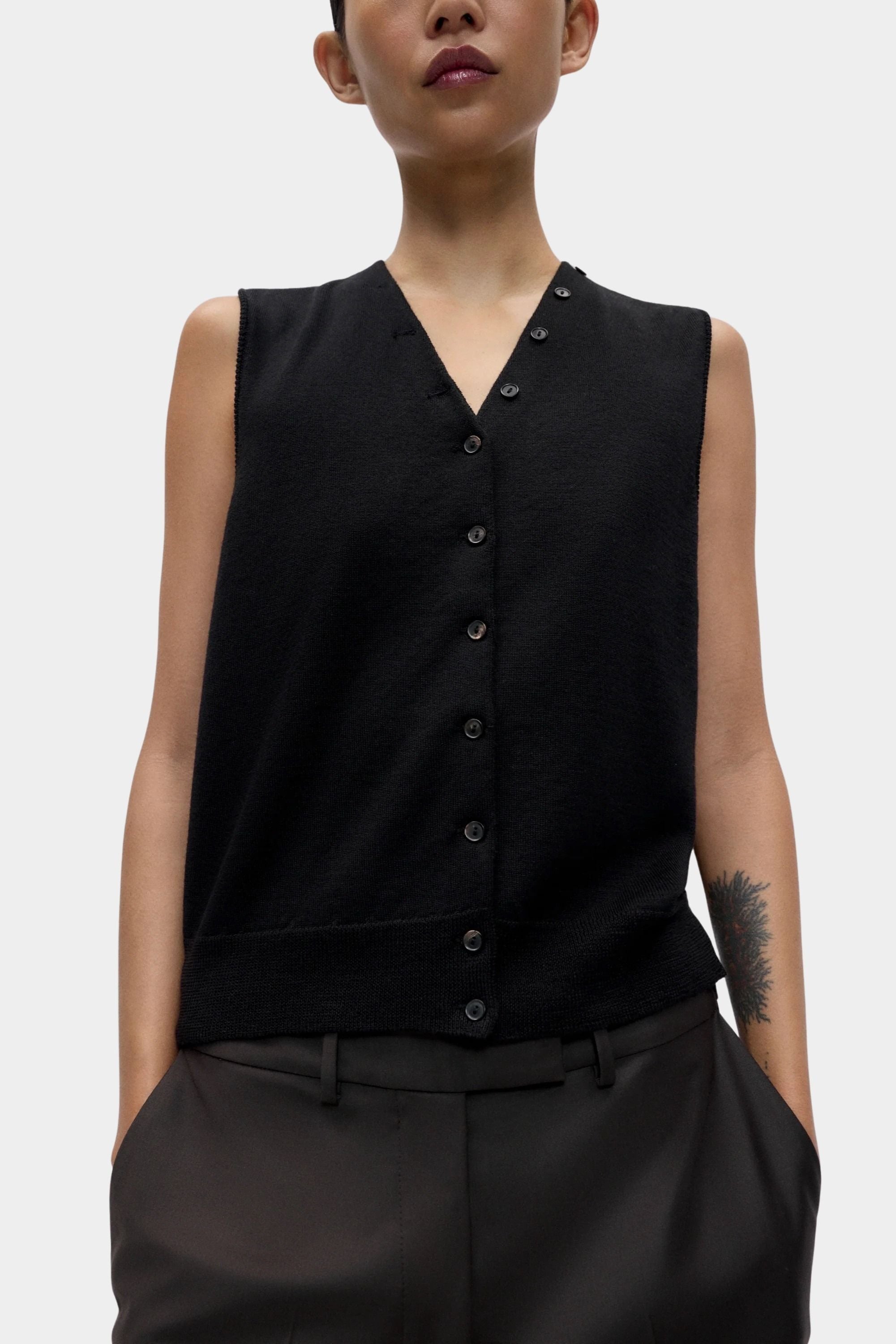 Cordera Merino Wool Button Waistcoat Black front view at YUCCA Denver