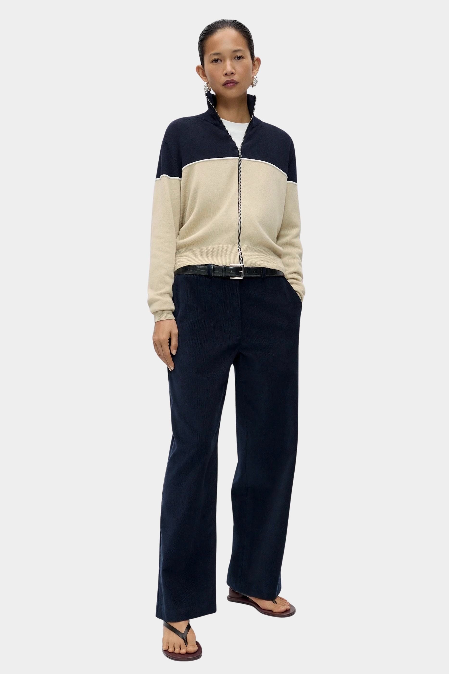 Cordera Merino Wool Colorblock Cardigan full-length outfit view