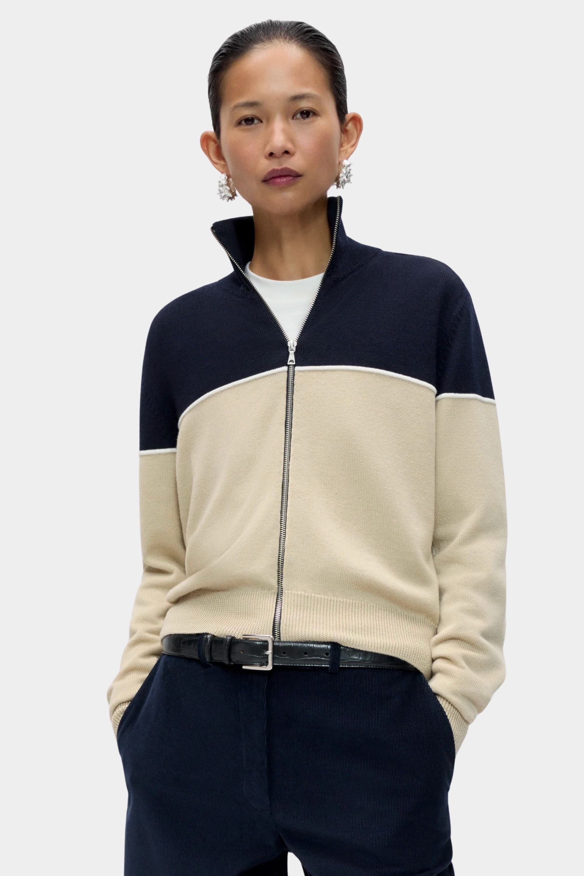 Cordera Merino Wool Colorblock Cardigan navy front view at YUCCA Denver