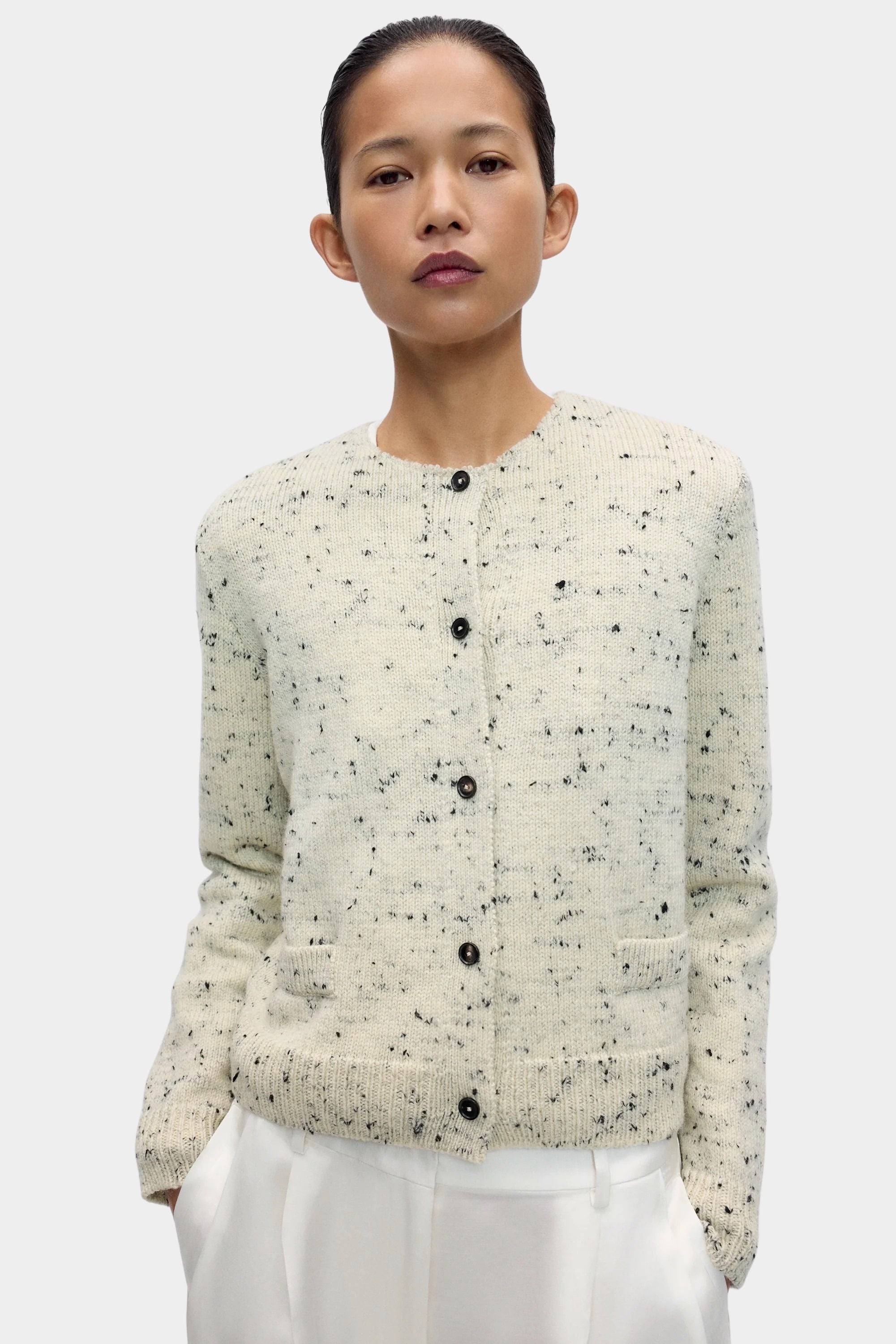Cordera Merino Wool Flecked Cardigan close-up front view