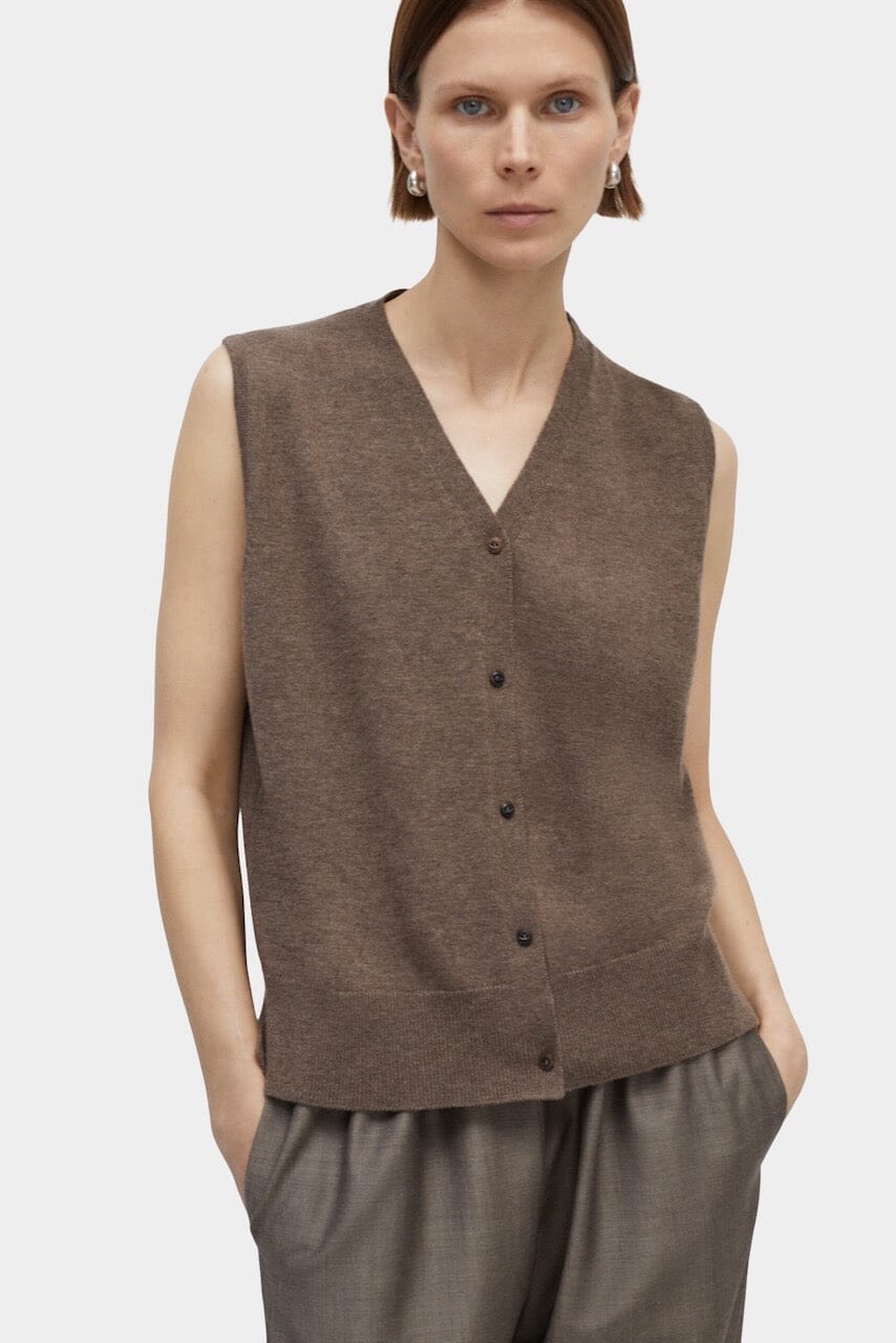 Cordera - Merino Wool Lace Waistcoat - Taupe - Shirts & Tops - YUCCA, boutiques near me, women’s high quality tops.