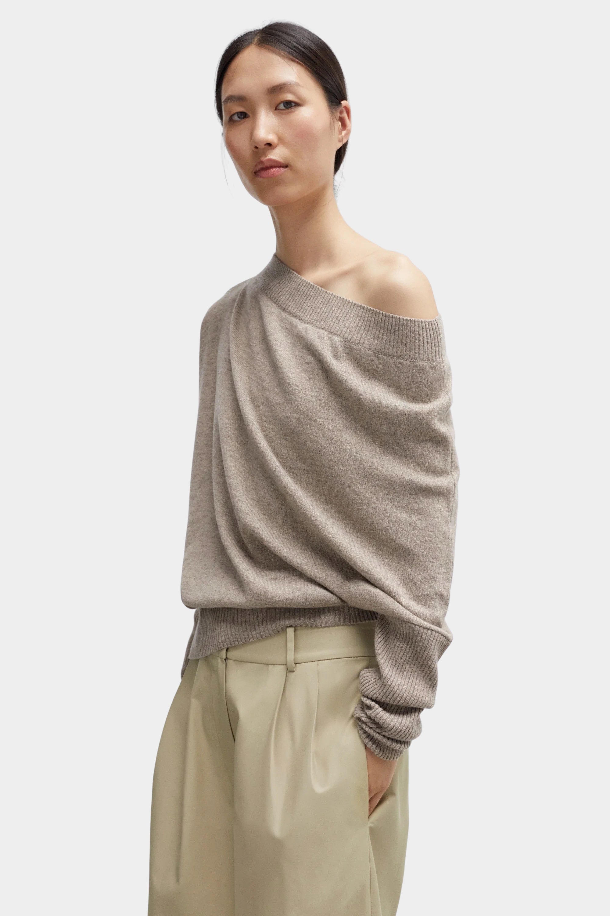 Cordera - Merino Wool Off Shoulder Sweater - Taupe - Sweaters & Knitwear - YUCCA, women’s clothing store Denver.
