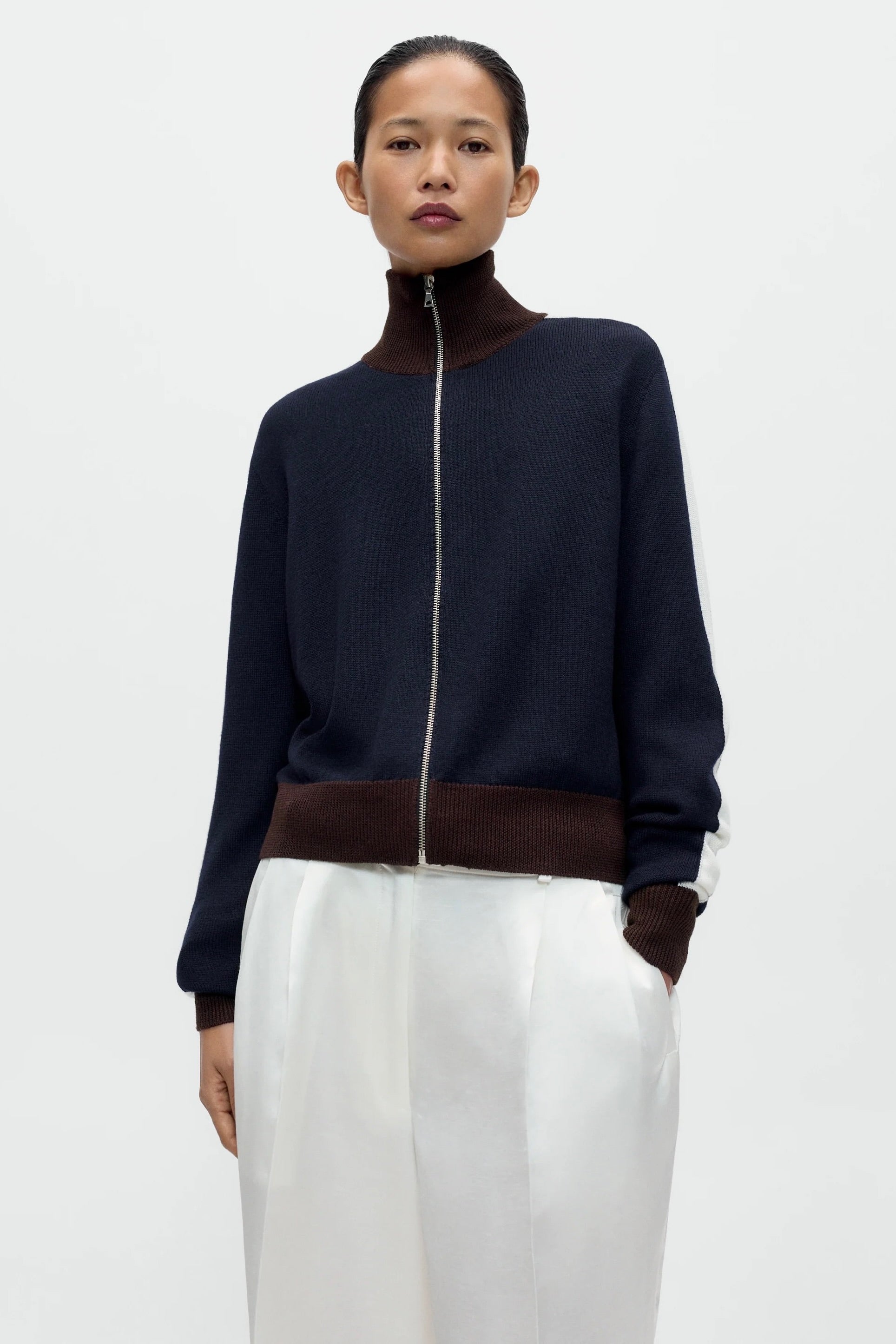 Cordera Merino Wool Sporty Cardigan navy front view at YUCCA Denver