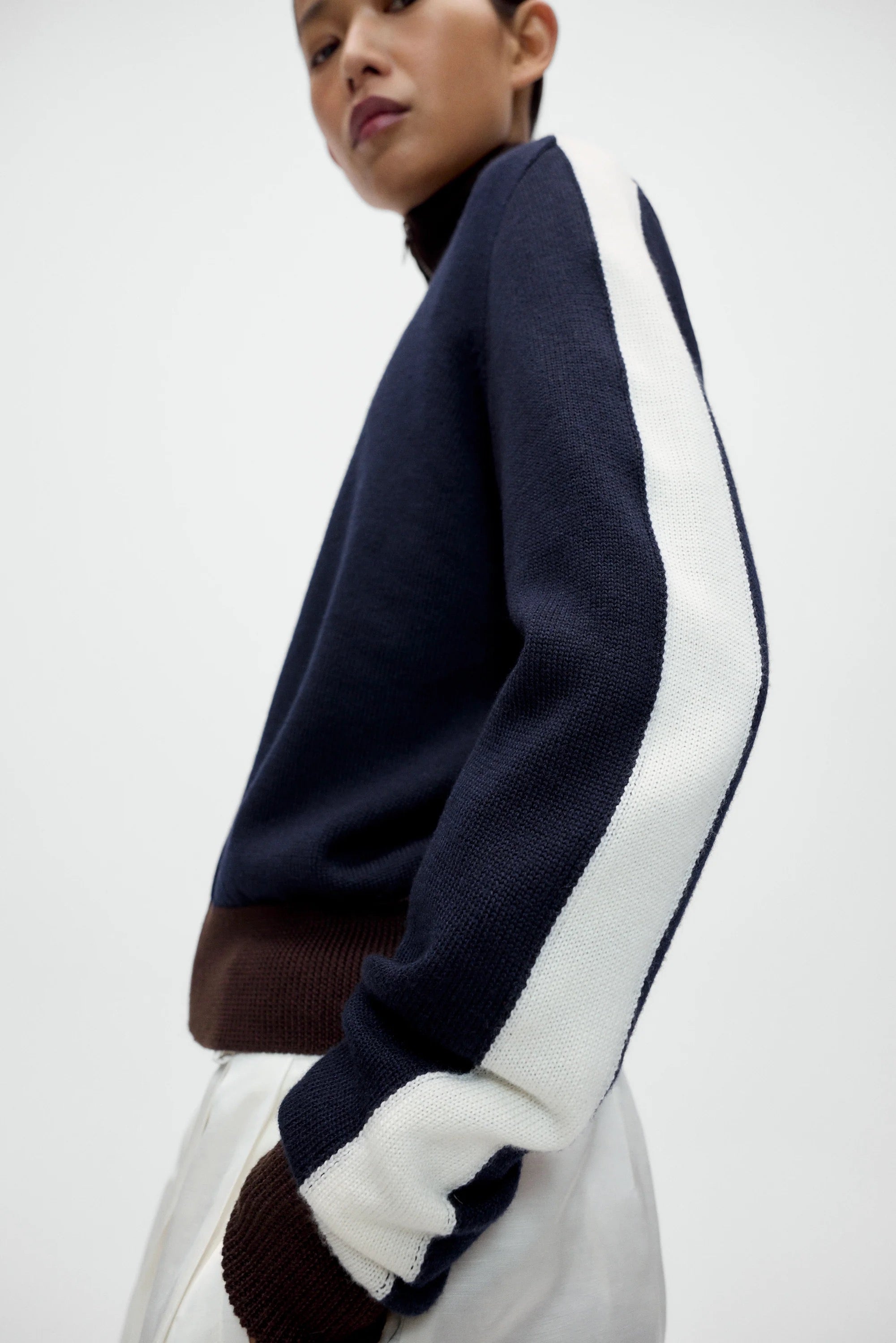 Cordera Merino Wool Sporty Cardigan sleeve stripe detail