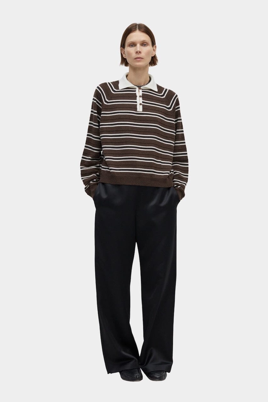 Cordera - Merino Wool Striped Polo - Brown - Shirts & Tops - YUCCA, boutiques near me, women’s high quality sweaters.