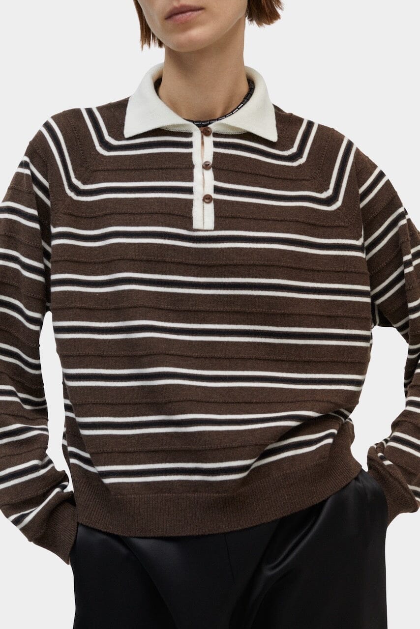 Cordera - Merino Wool Striped Polo - Brown - Shirts & Tops - YUCCA, boutiques near me, women’s high quality sweaters.