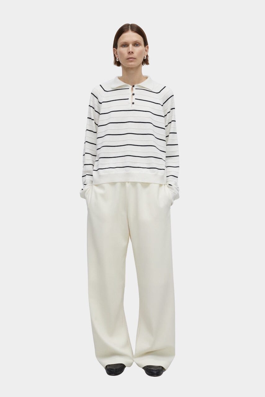 CORDERA - Merino Wool Striped Polo - White - Tops & Tees - YUCCA, boutiques near me, women’s high quality sweaters.