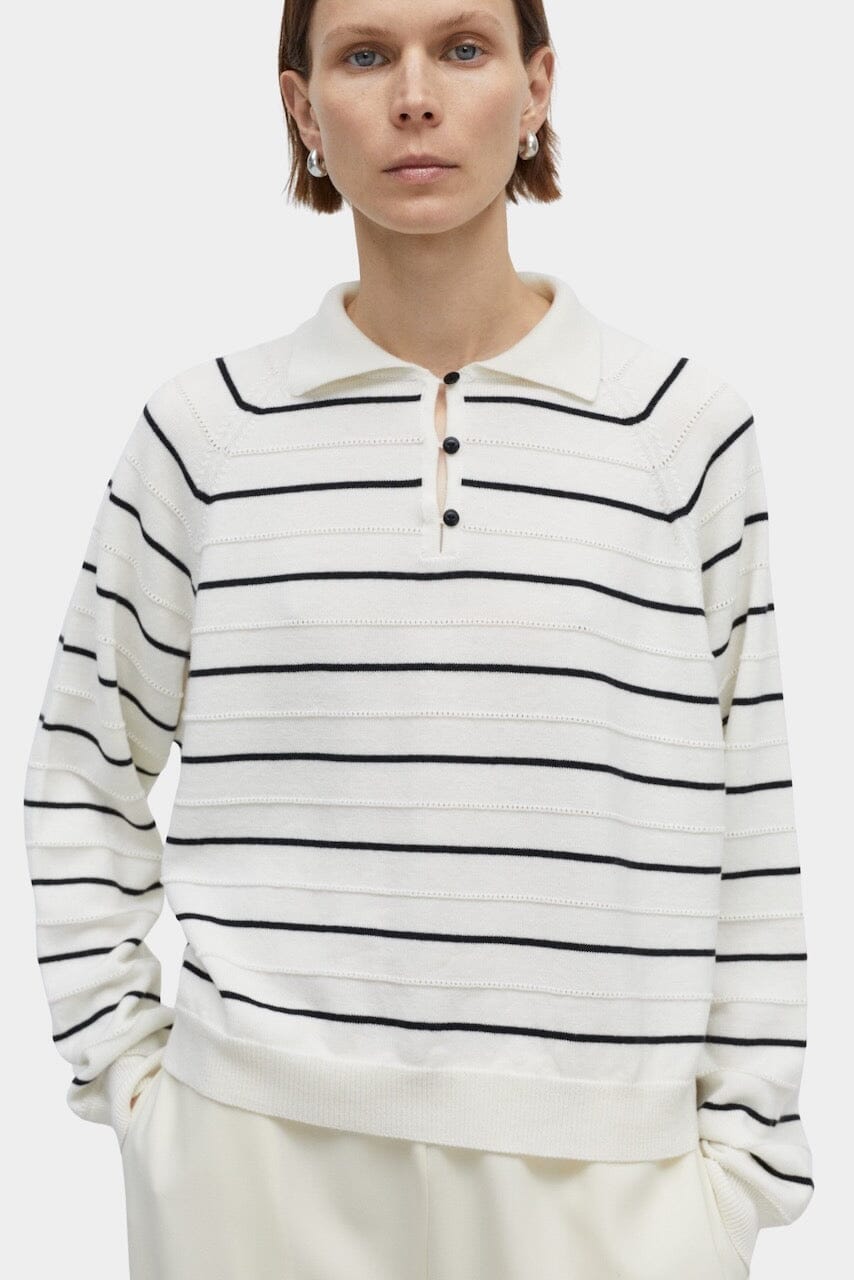 CORDERA - Merino Wool Striped Polo - White - Tops & Tees - YUCCA, boutiques near me, women’s high quality sweaters.
