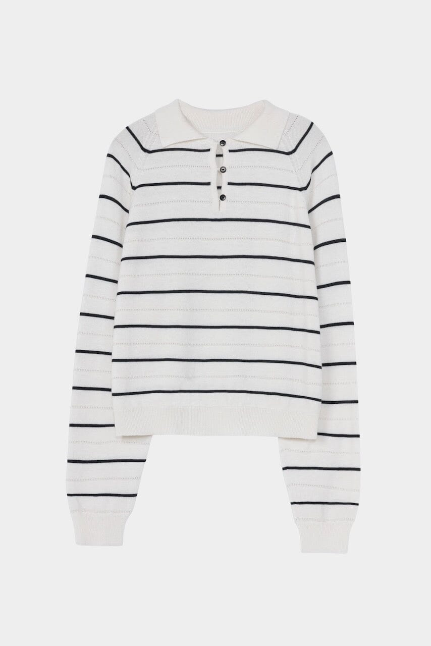 CORDERA - Merino Wool Striped Polo - White - Tops & Tees - YUCCA, boutiques near me, women’s high quality sweaters.