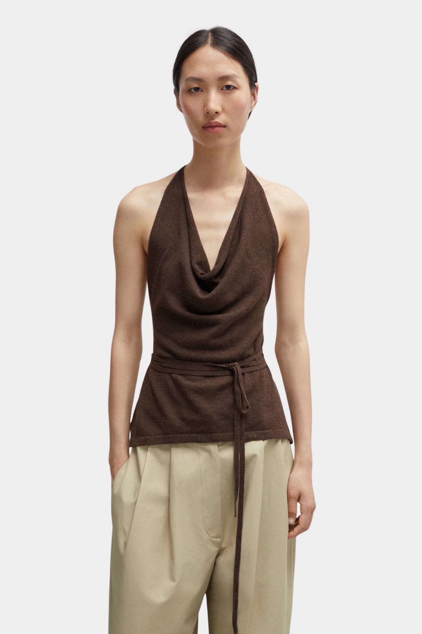 Cordera - Merino Wool Tie Top - Brown - Shirts & Tops - YUCCA, chic outfits for women, women’s clothing store Denver.