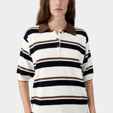 Striped knit polo with brown collar, short sleeves, and button placket detail