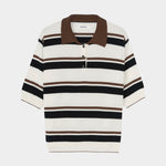 Cream, black, and brown striped organic cotton polo with collar, short sleeves, and ribbed hem