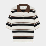 Cream, black, and brown striped organic cotton polo with collar, short sleeves, and ribbed hem