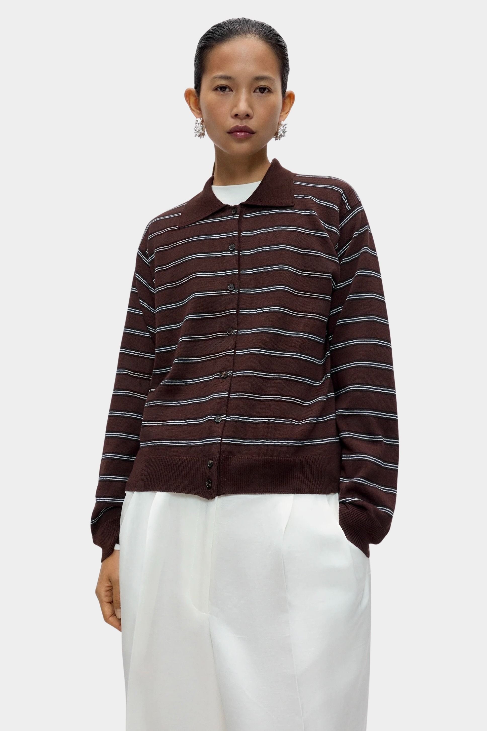 Cordera Organic Cotton Striped Polo brown stripe front view at YUCCA Denver