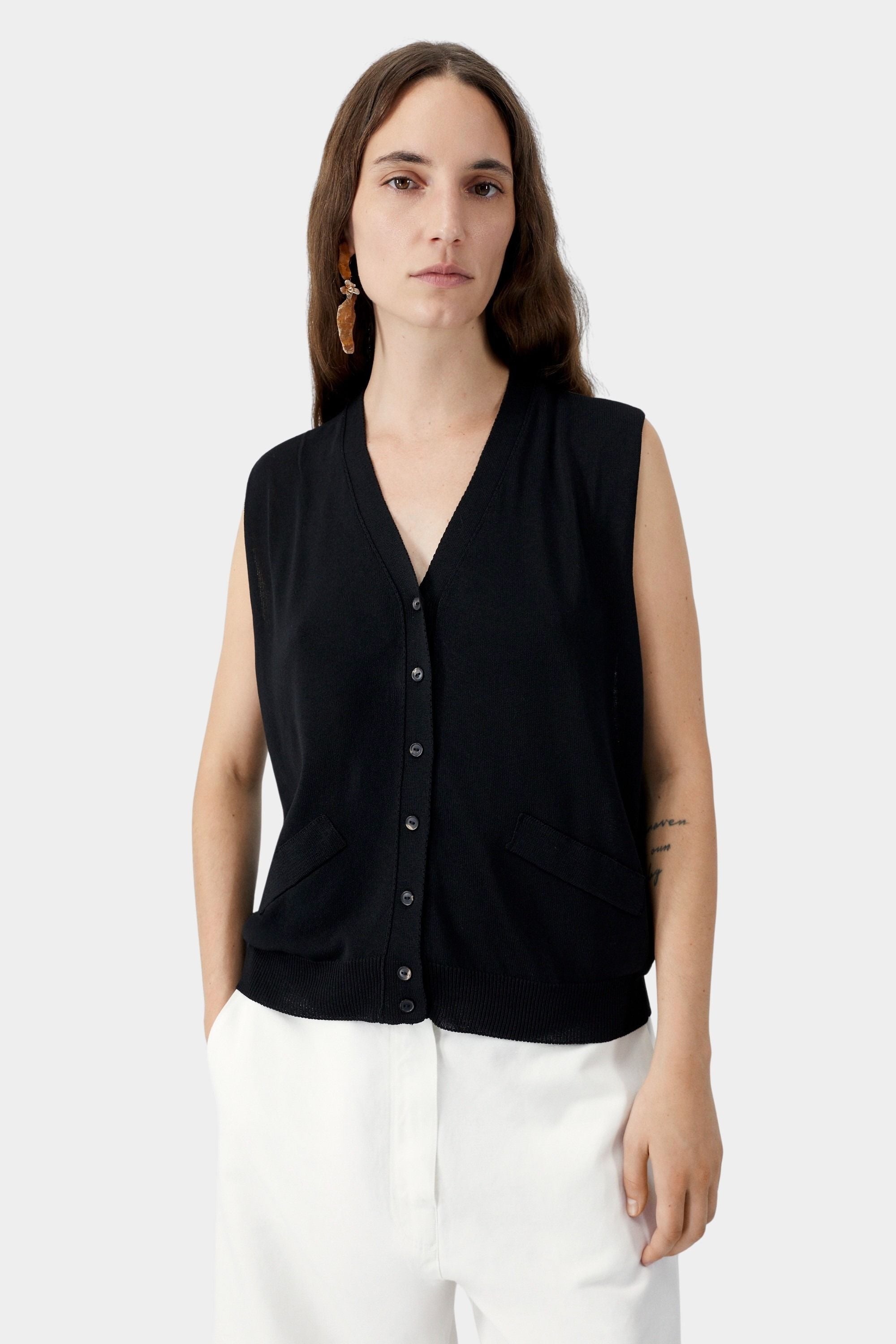 Black oversized waistcoat with v-neckline and button front