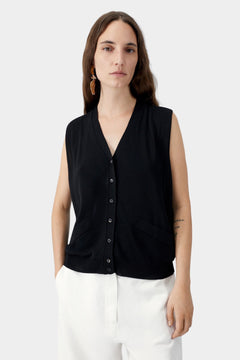 Black oversized waistcoat with v-neckline and button front