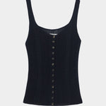 Navy ribbed knit tank top with button front closure, scoop neckline, and vertical rib texture