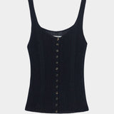 Navy ribbed knit tank top with button front closure, scoop neckline, and vertical rib texture
