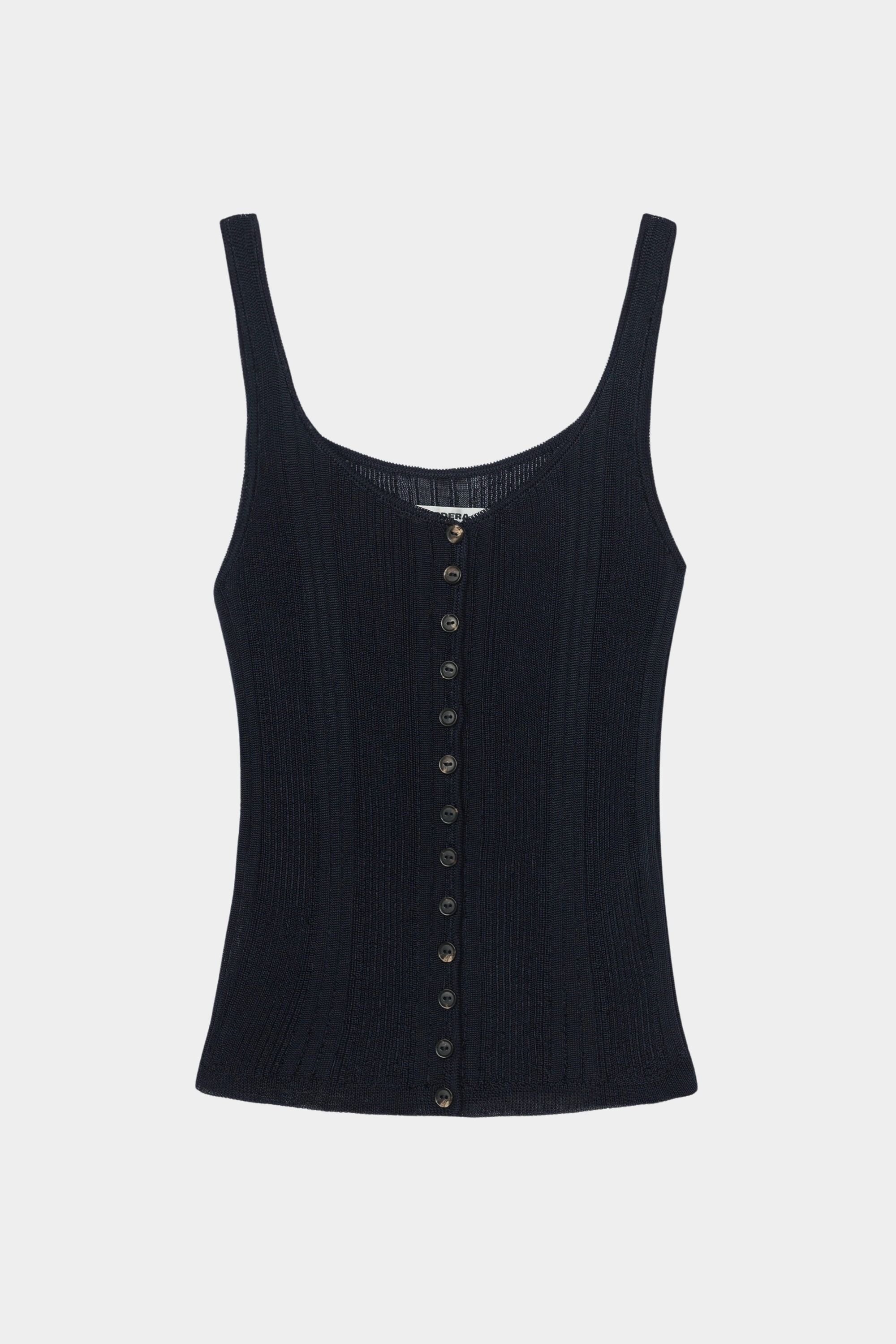 Navy ribbed knit tank top with button front closure, scoop neckline, and vertical rib texture