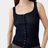 Navy ribbed knit tank top with button front, scoop neckline, and fine vertical rib texture