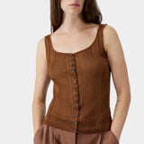 Brown ribbed knit tank top with button front, scoop neckline, and fitted silhouette