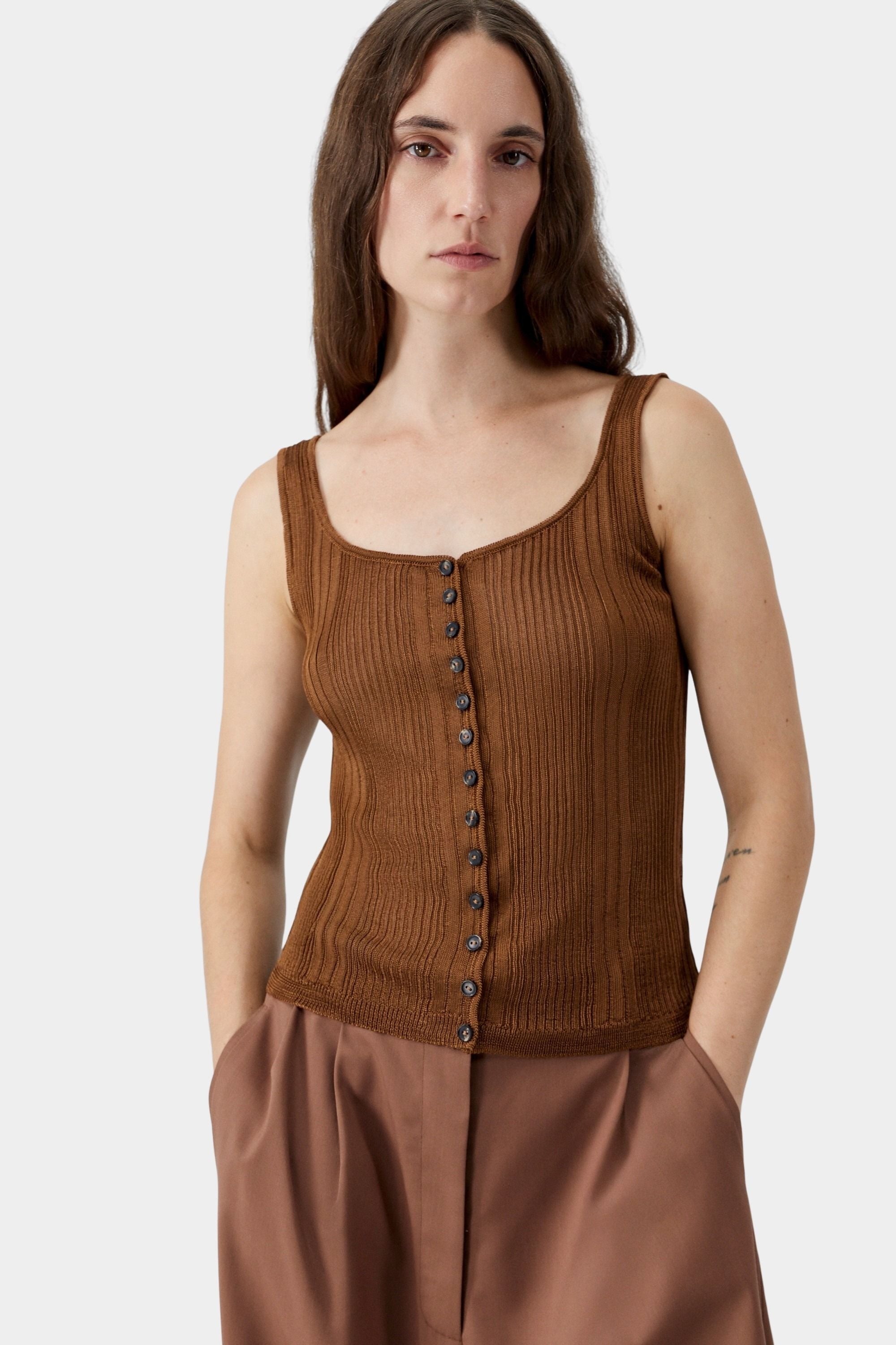 Brown ribbed knit tank top with button front, scoop neckline, and fitted silhouette