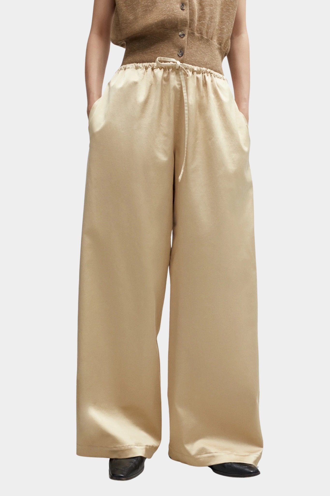 Cordera - Satin Drawstring Pants - Champagne - Pants - YUCCA, chic outfits for women, women’s clothing store Denver.