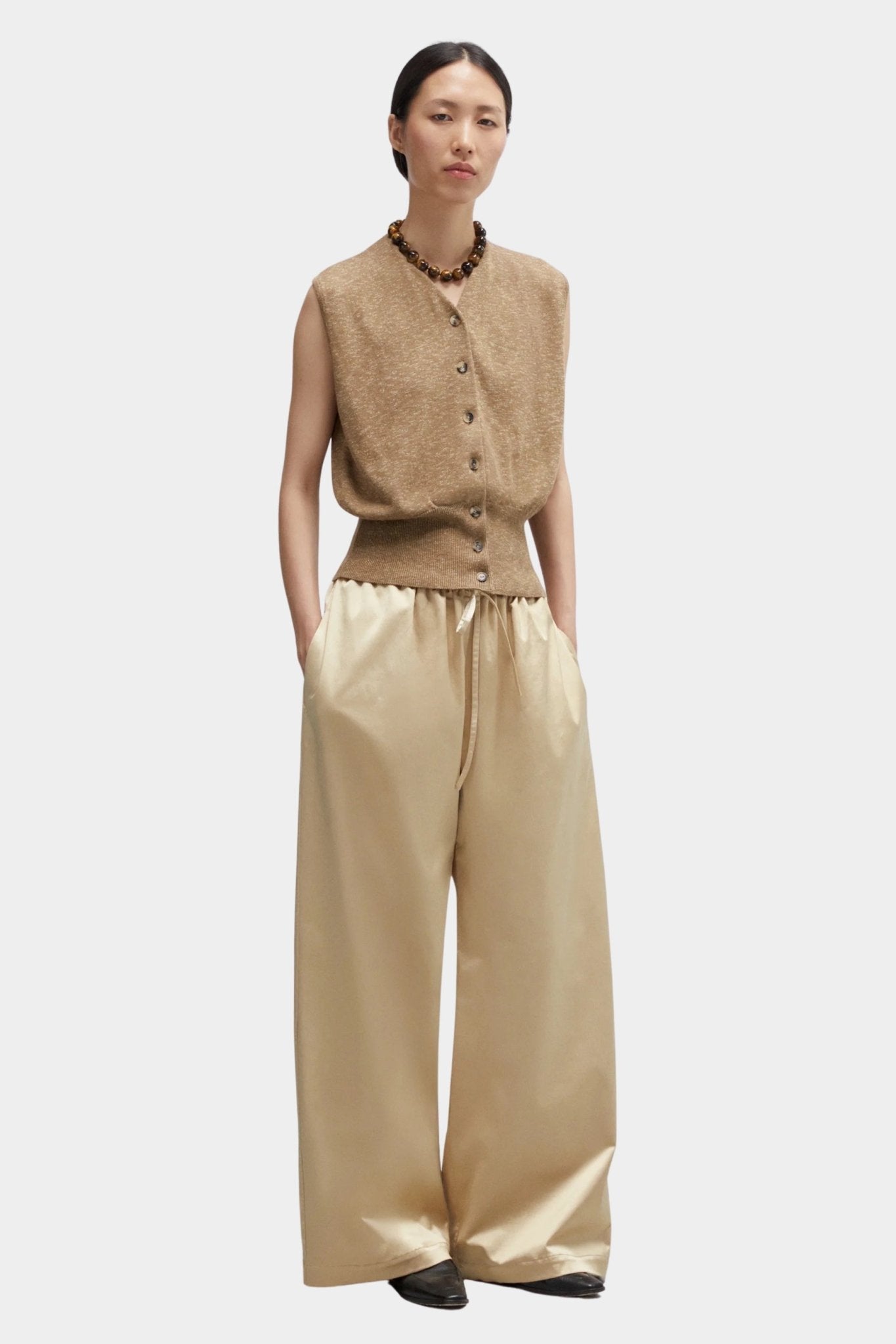 Cordera - Satin Drawstring Pants - Champagne - Pants - YUCCA, chic outfits for women, women’s clothing store Denver.