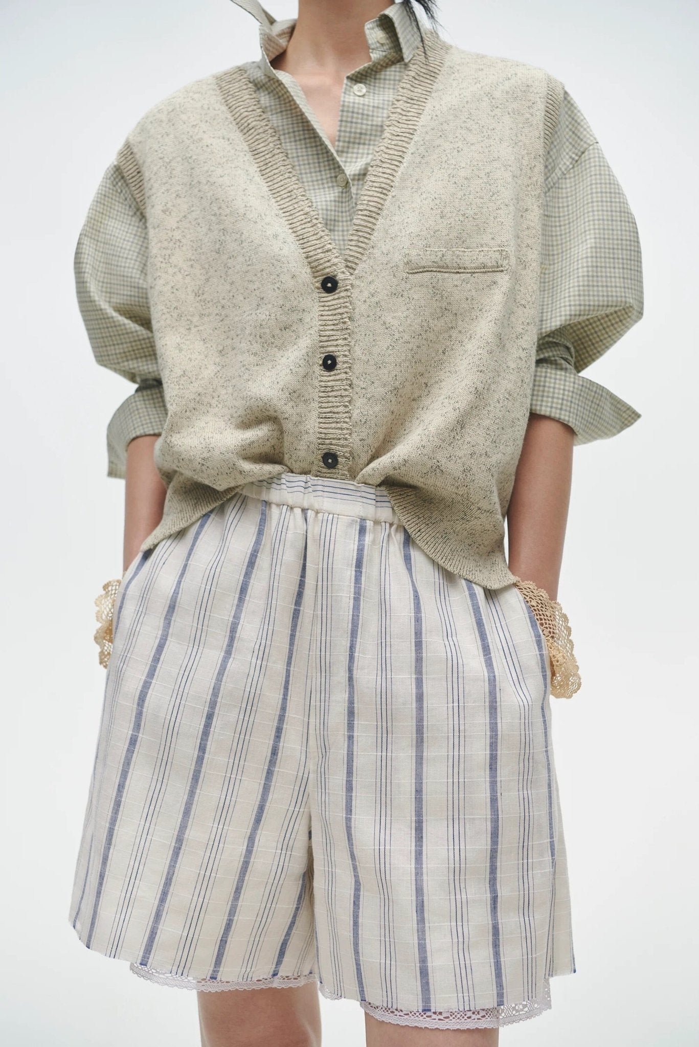 Cordera | Striped Bermuda With Lace - SHOP YUCCA Pants CORDERA - YUCCA Artistic clothing for women, boutique near me, boutique stores near me, capsule wardrobe, fashion for women over 50