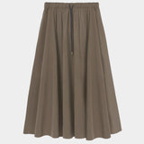 Cotton technical midi skirt in vetiver green with elastic waistband, drawstring closure, and full gathered silhouette