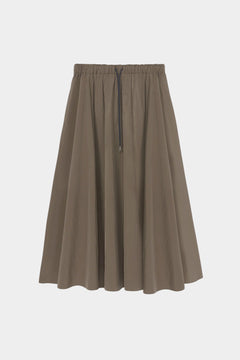 Cotton technical midi skirt in vetiver green with elastic waistband, drawstring closure, and full gathered silhouette