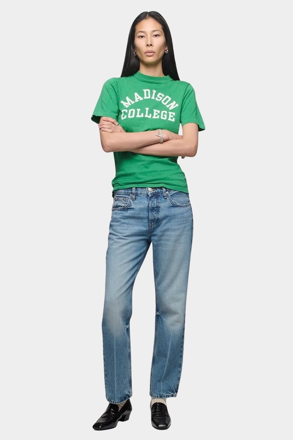 DALA Calla mid rise straight ankle jeans in attick blue, full length front view on model with relaxed straight silhouette