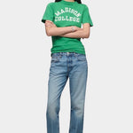 DALA Calla mid rise straight ankle jeans in attick blue, full length front view on model with relaxed straight silhouette
